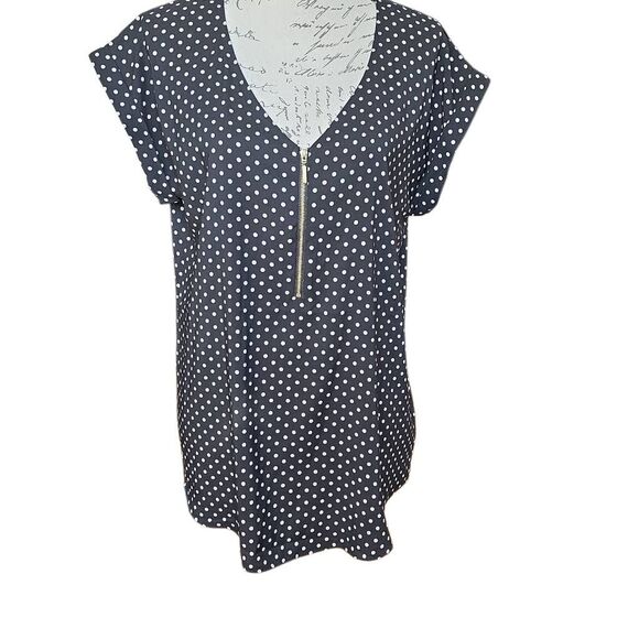 Express Women's Size Large Black White Dot Gold Zipper V-neck Satin Blouse - Picture 1 of 5